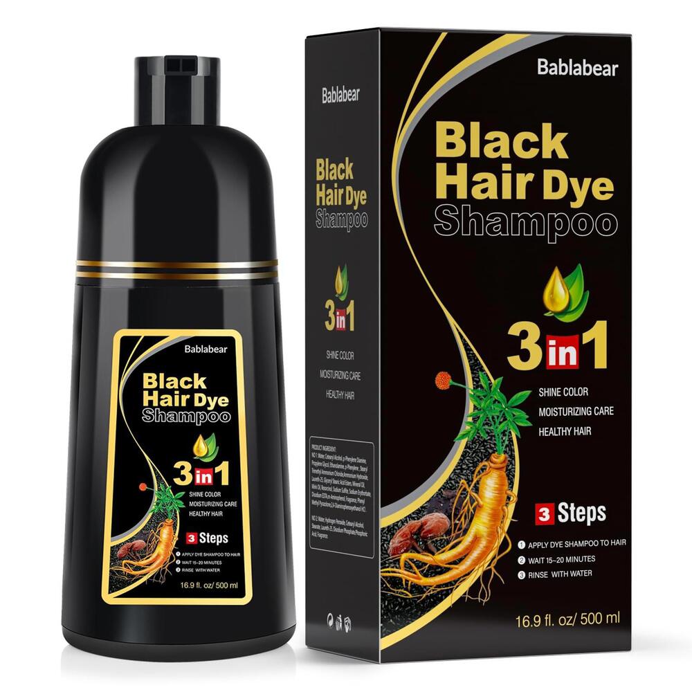Bablabear Black Hair Dye Shampoo for Gray Hair, Semi-Permanent, 3-in-1, Herbal,
